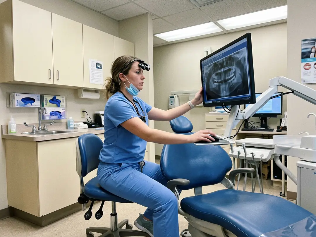 A dentist on her stool beside the dental chair, checking an x-ray on the screen