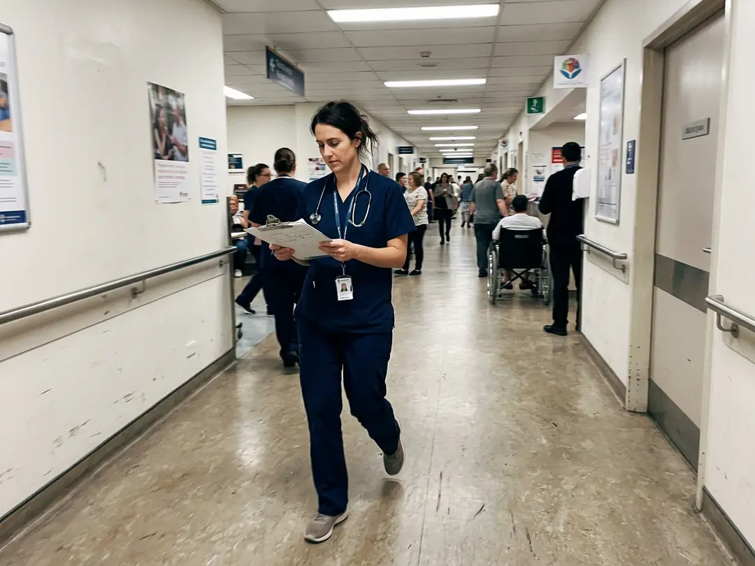 A doctor in navy scrubs walking down a hospital corridor, reading a clipboard