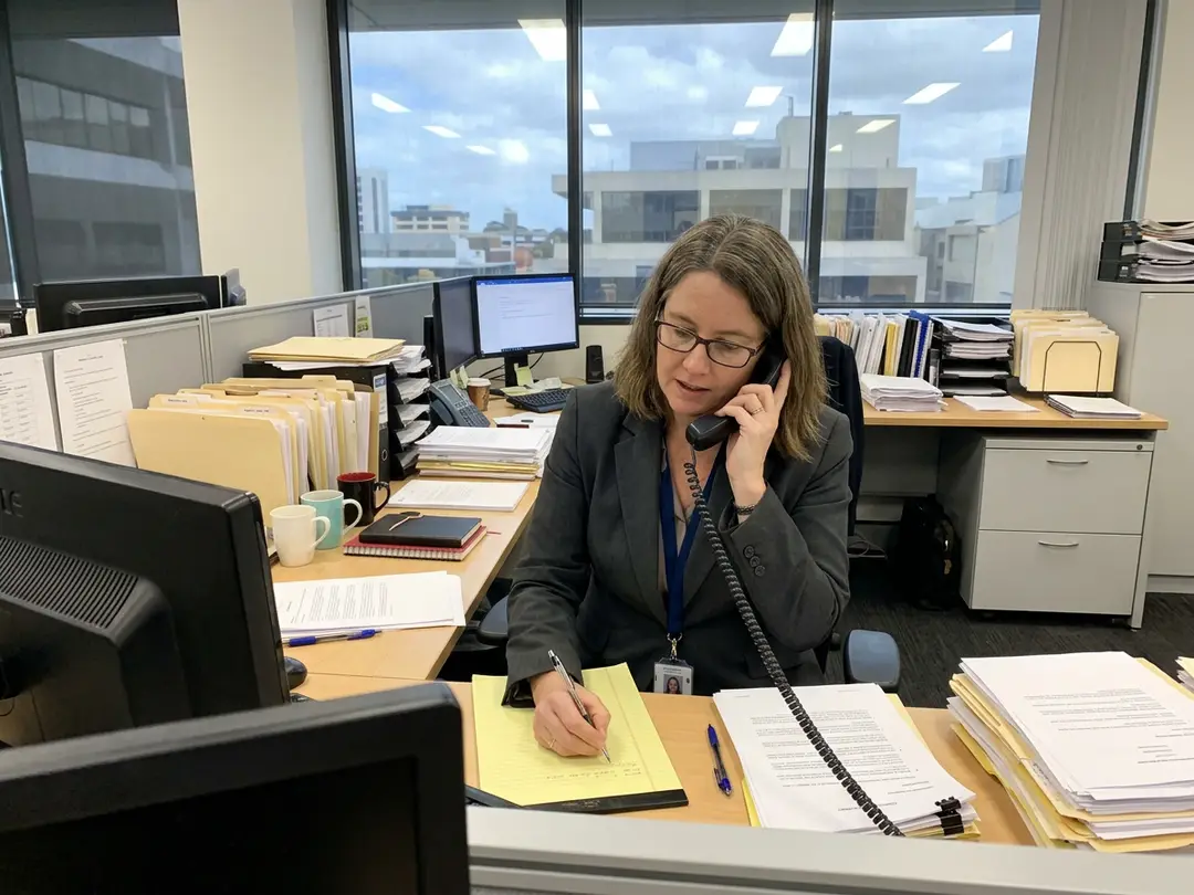 A lawyer on the phone at her desk in a busy city law office, taking notes