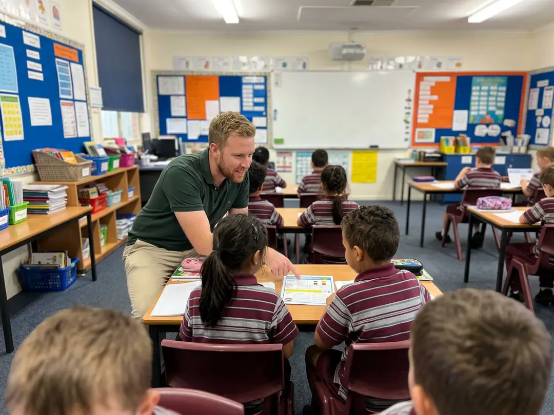 A teacher crouched beside a table of students, helping with their work