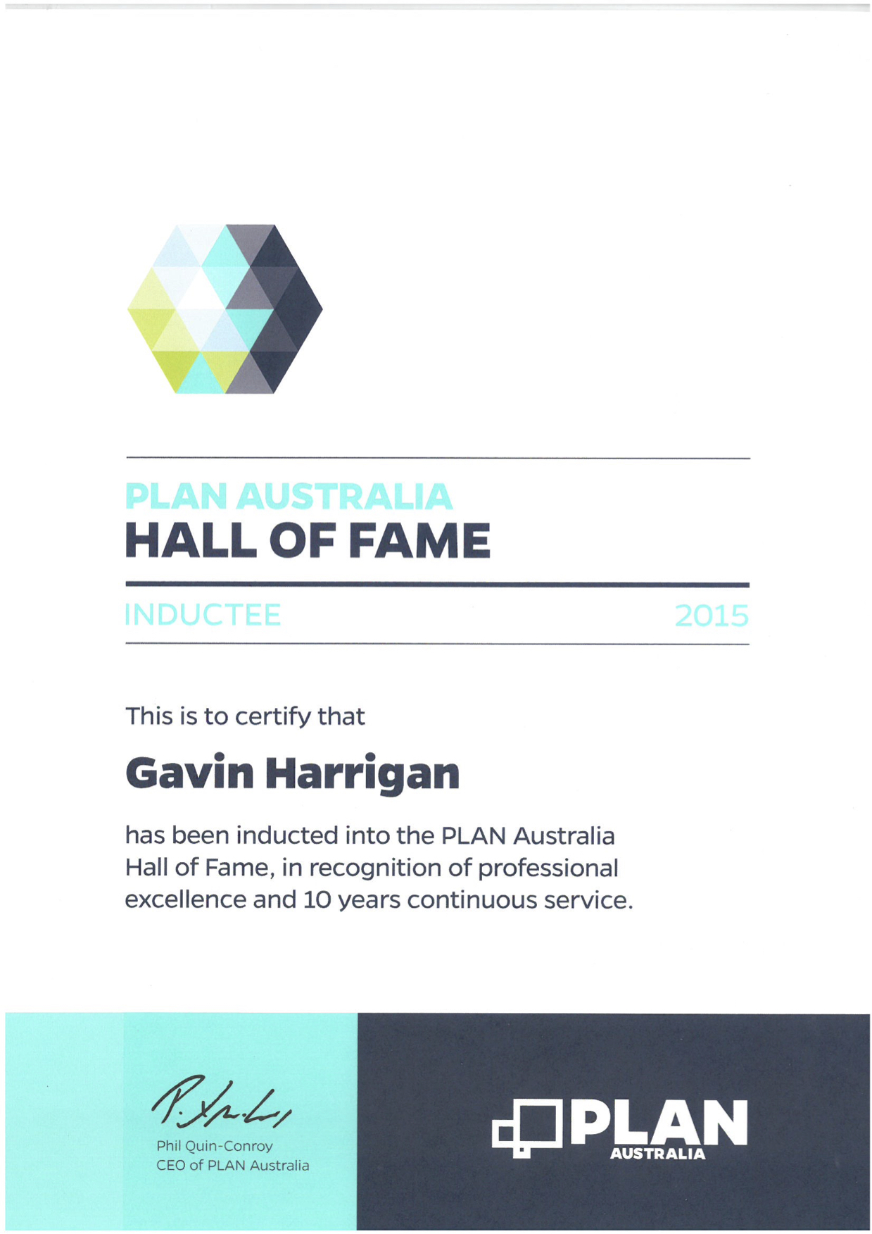 Plan Australia Hall of fame certificate awarded to Gavin