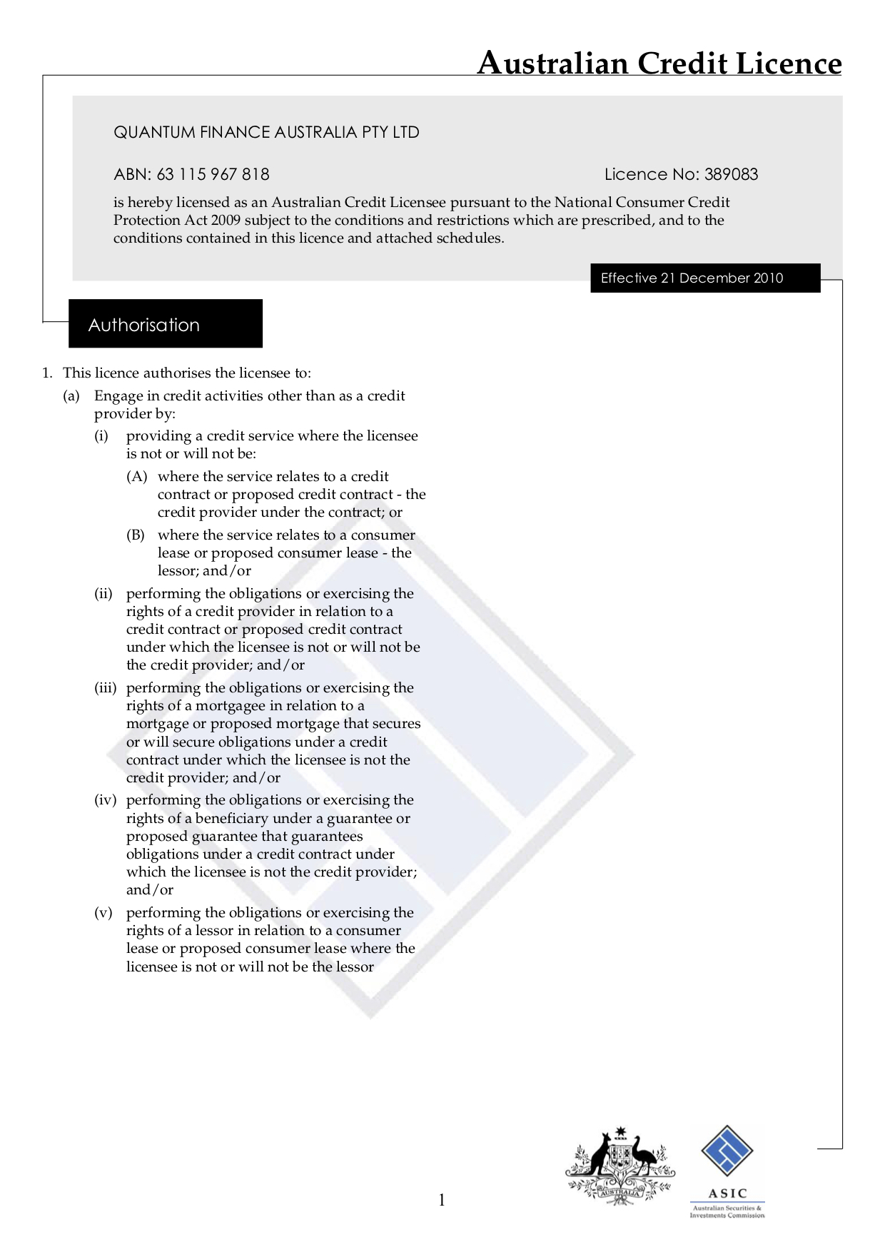 is hereby licensed as an Australian Credit Licensee pursuant to the National Consumer Credit Protection Act 2009