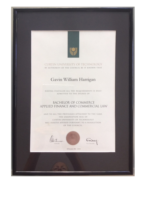 Gavin Harrigan's Batchelor of Commerce, Applied Finance and Commercial Law university degree certificate. Proof of qualification at curtin university