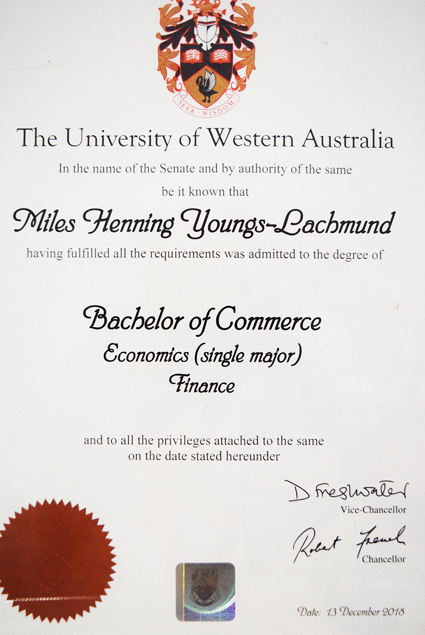 Batchelor of Commerce, Economics and Finance certification for Miles Youngs