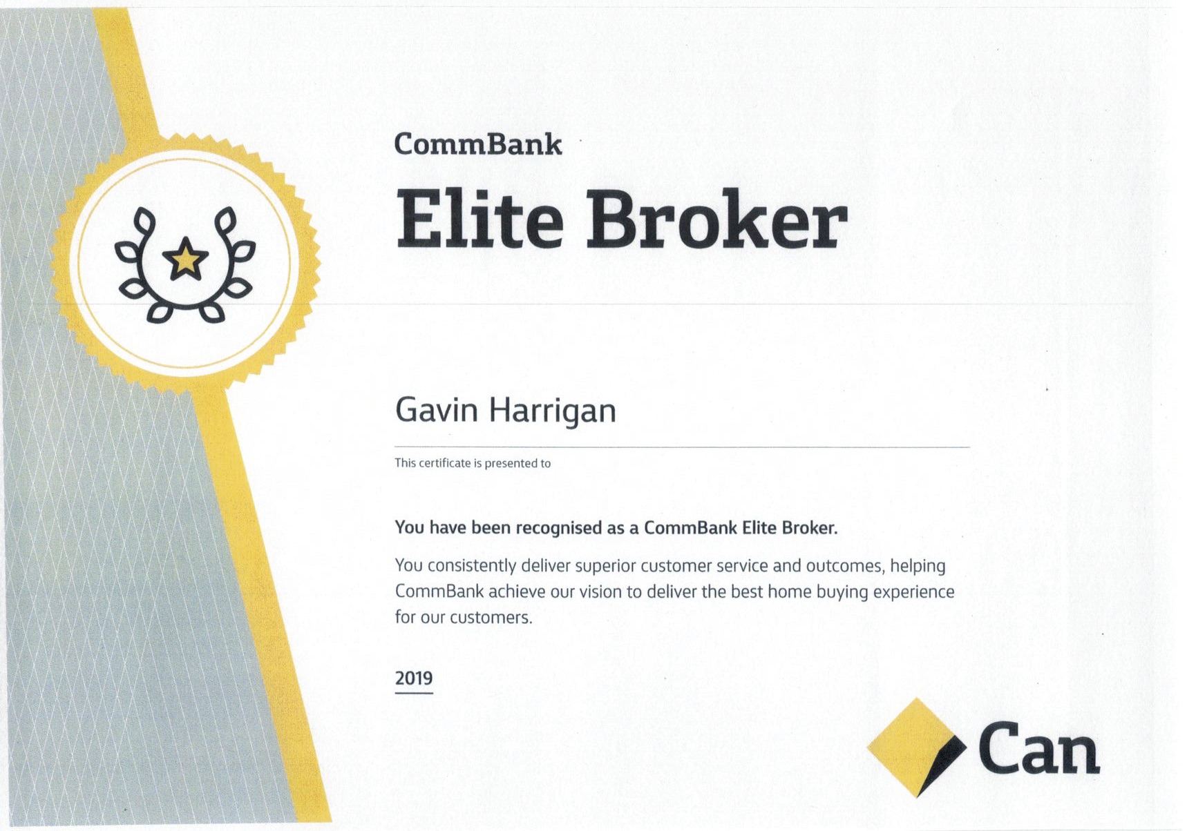 The Commbank Elite broker award given to Gavin Harrigan