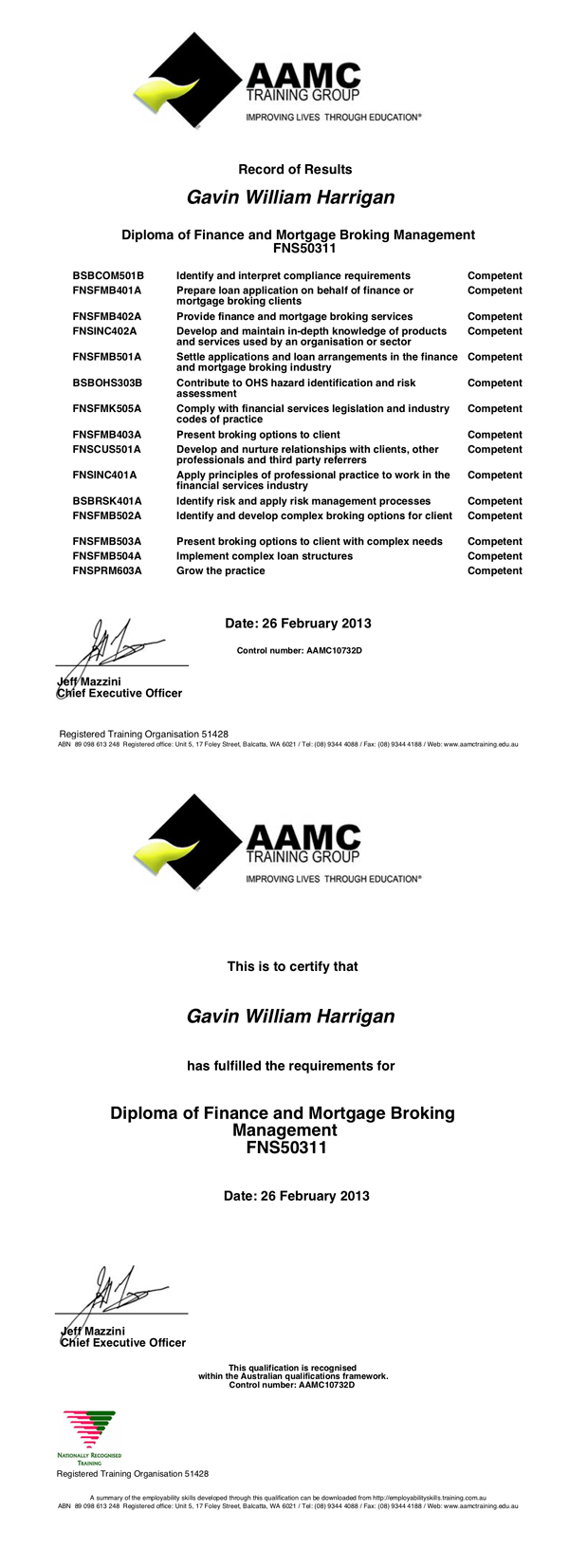 Gavins diploma of finance and mortgage broking qualification