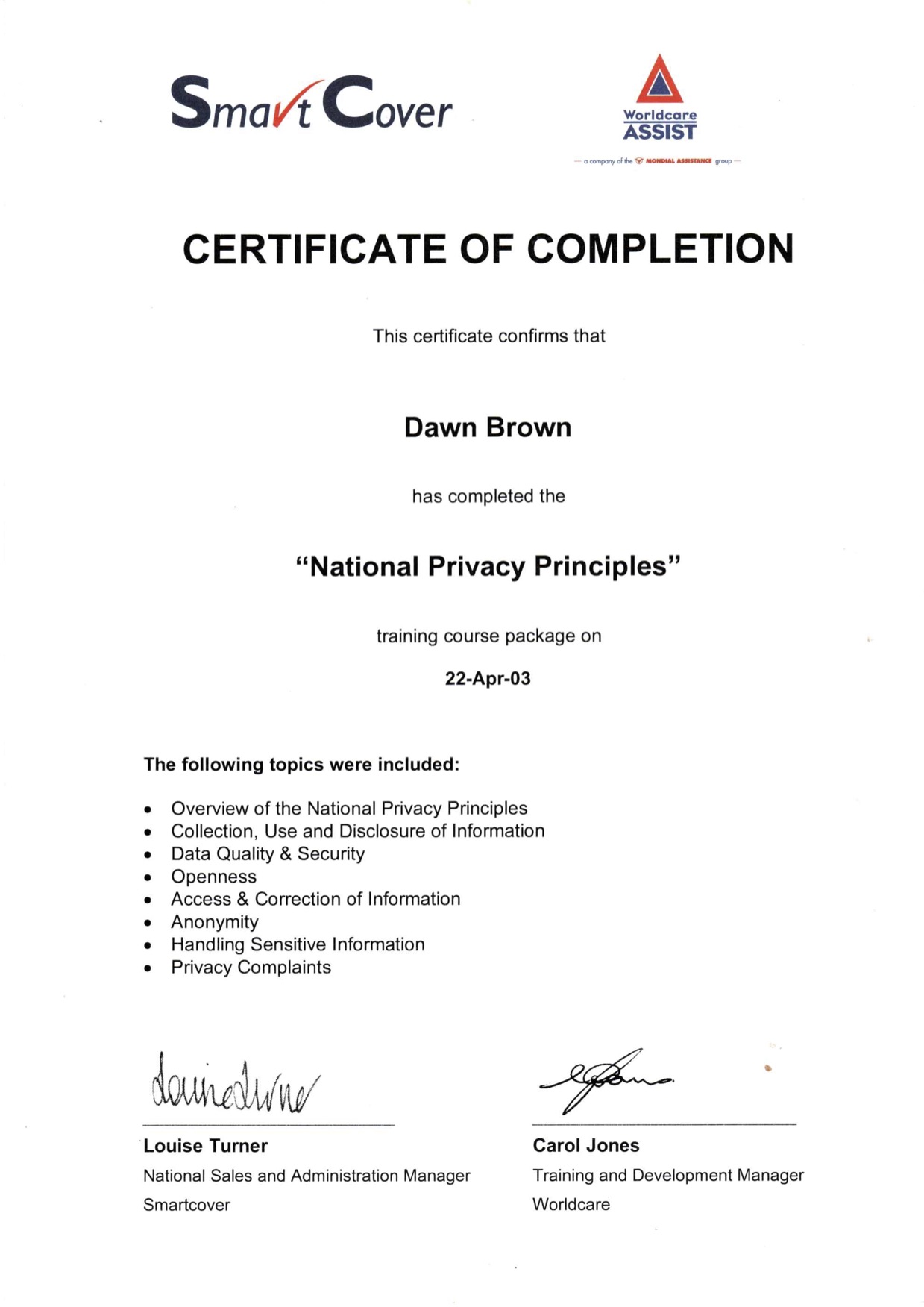 Smart cover national privacy principles training certificate