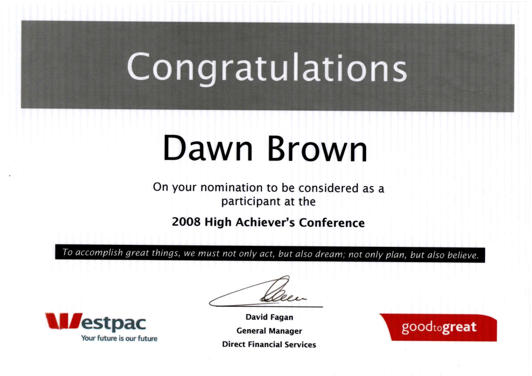 Wespac High Achievers award nominee